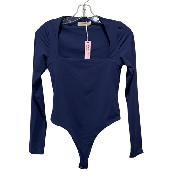 Qinsen Square Neck Thong Long Sleeve Bodysuit Navy Blue Women’s Size Medium - Picture 6 of 14